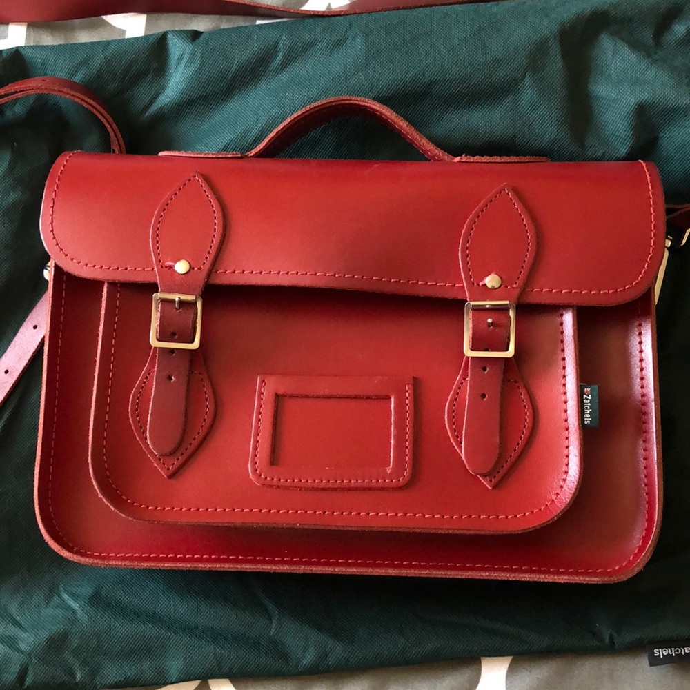 Red Leather Satchel w/ Top Handle & Adjustable Strap
